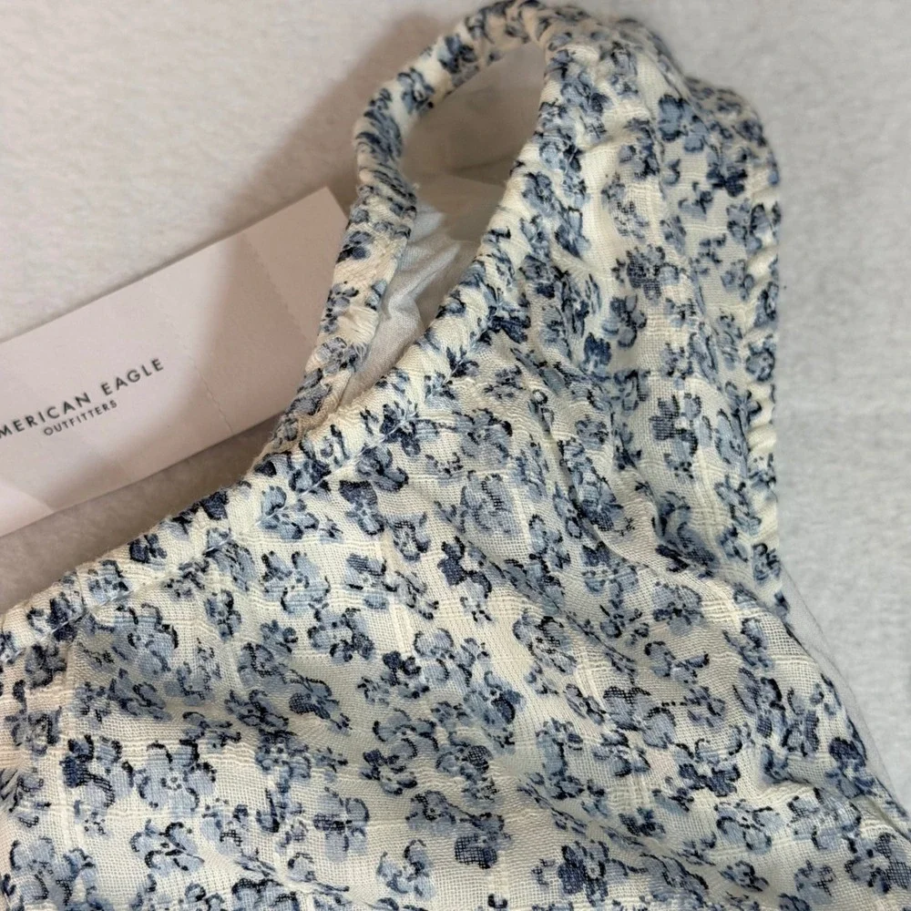 American Eagle Women One Shoulder Crop Top S Blue Floral Smocked 035-2351-5023